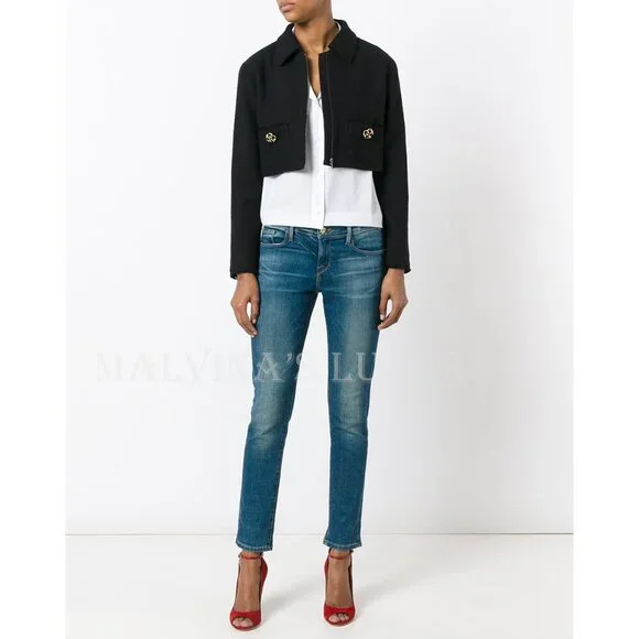 DOLCE & GABBANA JACKET BLACK COTTON BLEND CROPPED JEWELED BUTTONS sz 42 6